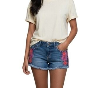 Roxy Jean Shorts Embroidered Frayed Hem Festival Casual Boho Cottagecore Blue 27
